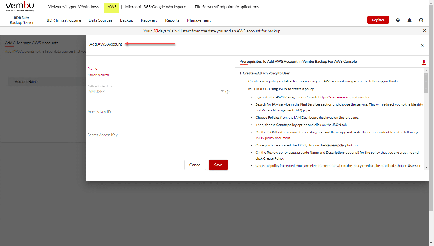 Adding your Amazon AWS account to your Vembu BDR Suite v5.0 server