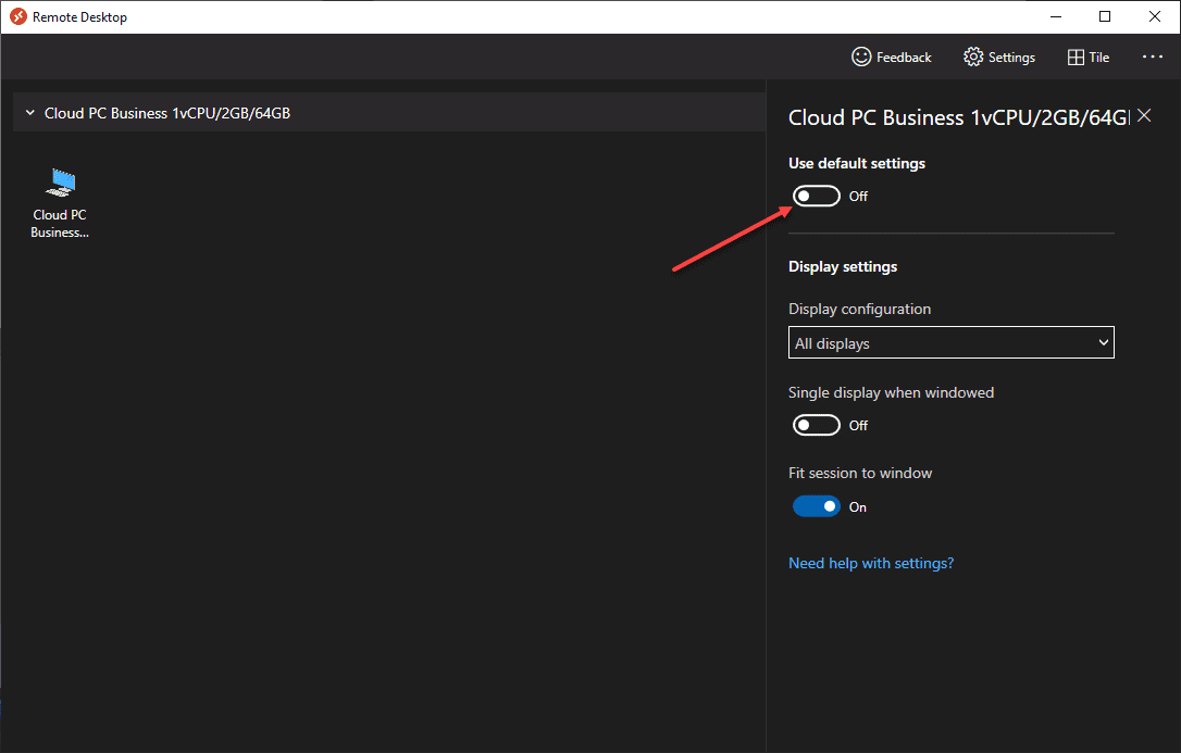 Changing settings for your Cloud PC connection