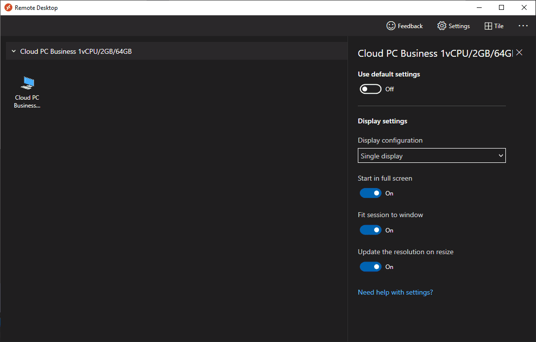 Changing to single display for Windows 365 Cloud PC