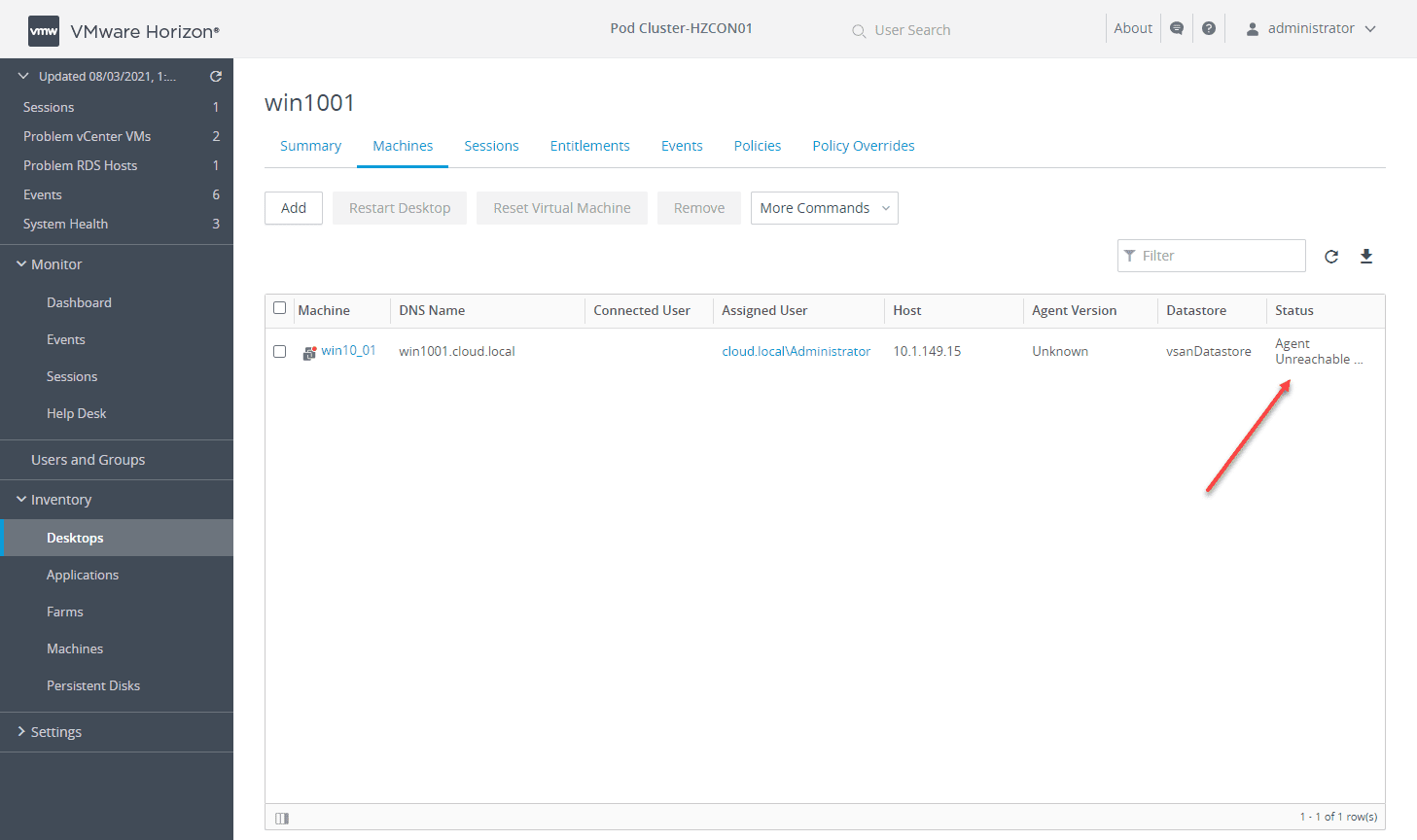 Check the status of an agent in the Horizon console