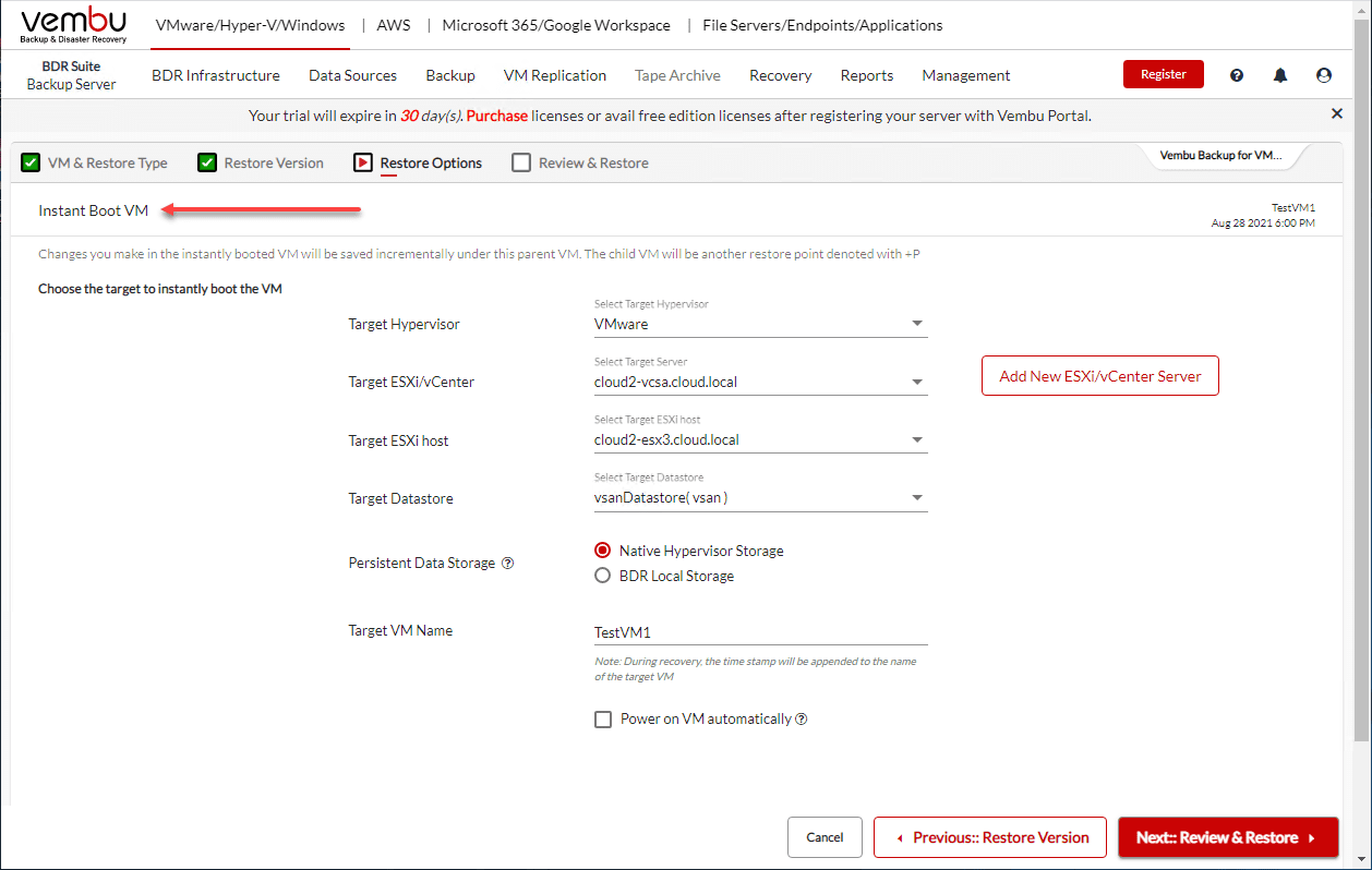 Choosing Instant boot options in Vembu BDR Suite v5.0