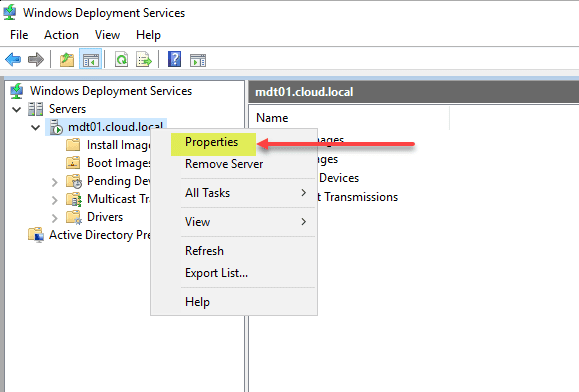 Configuring the properties of the WDS server