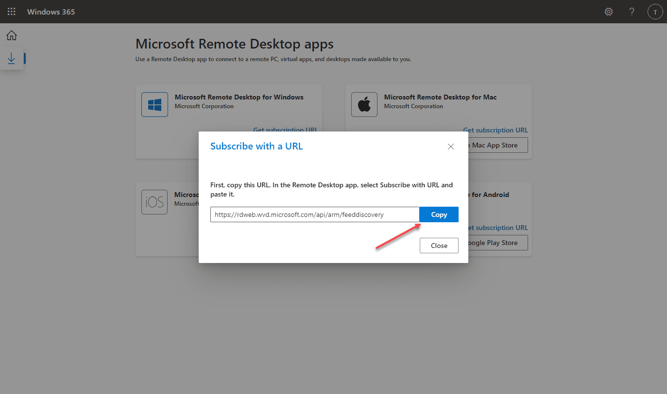 Copy the subscription URL for the Windows 365 desktop