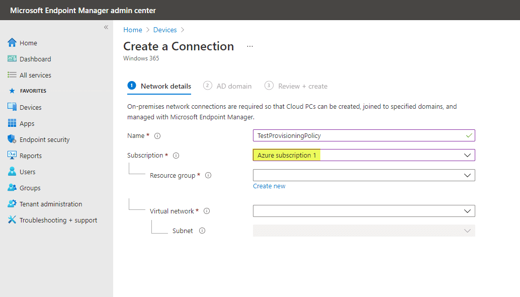 Create an on premises network connection for Windows 365 Enterprise Cloud PC