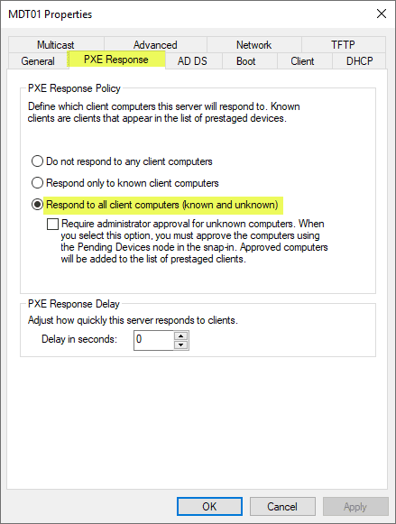 Decide how WDS responds to clients for PXE requests