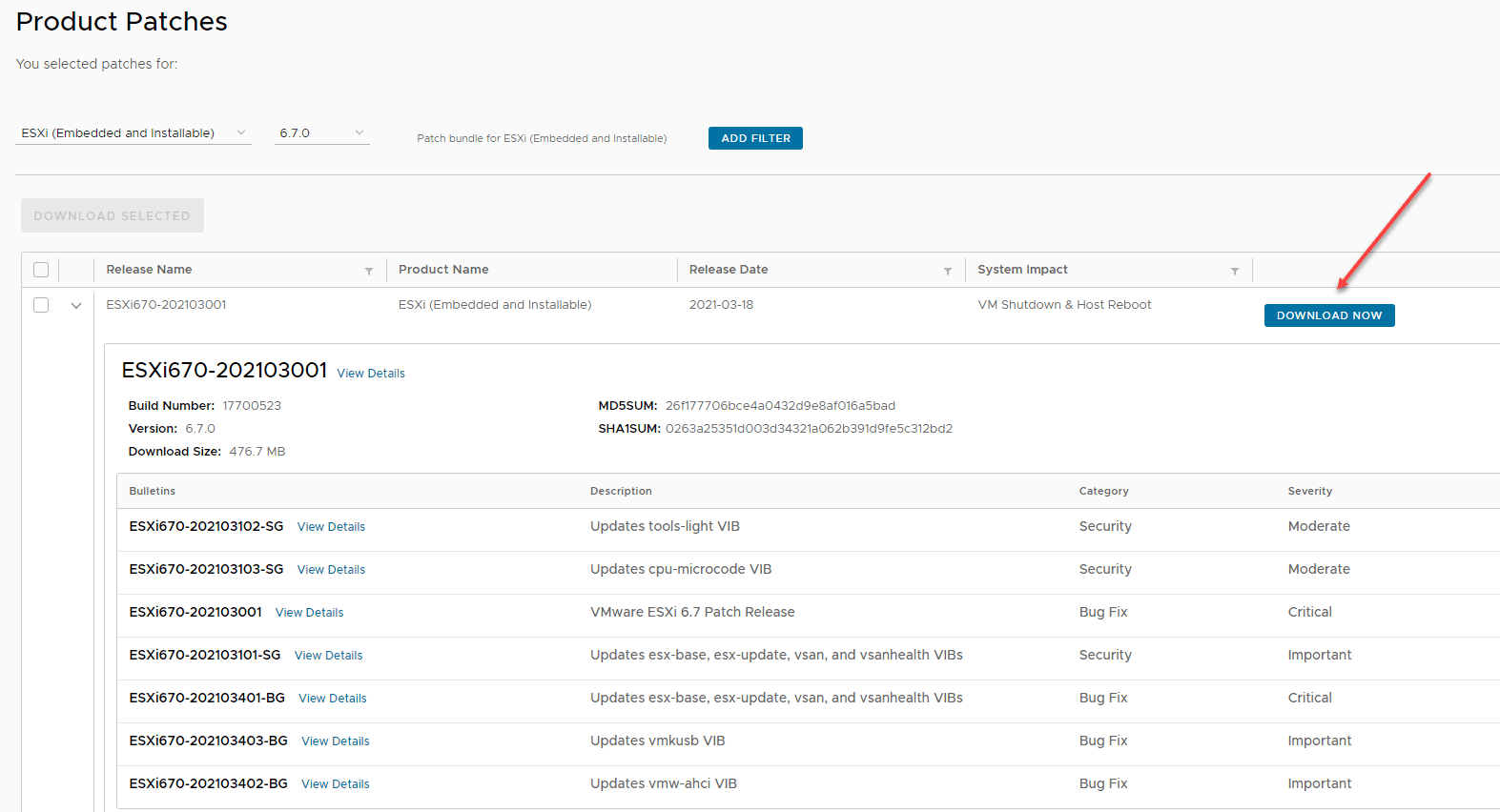 Downloading the latest ESXi patch for a specific ESXi version