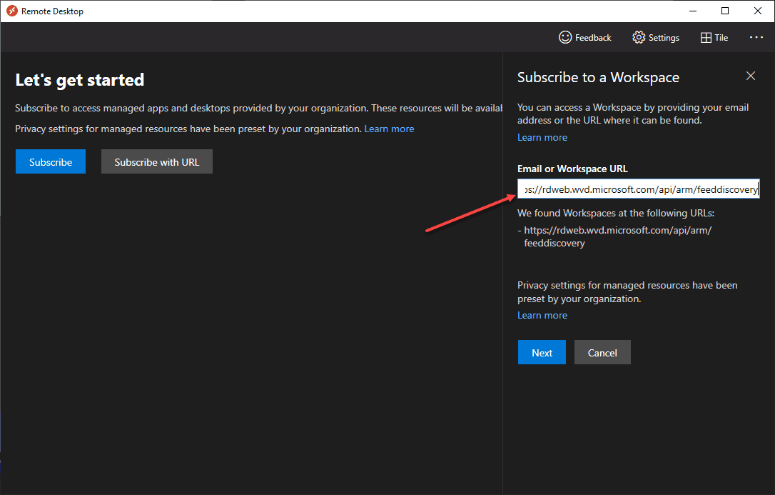 Enter the subscription URL for Remote Desktop to Windows 365 Cloud PC