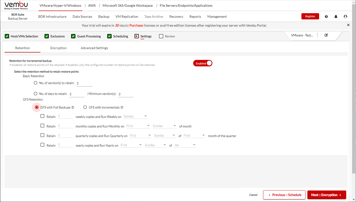 GFS retention policies available in Vembu BDR Suite v5.0