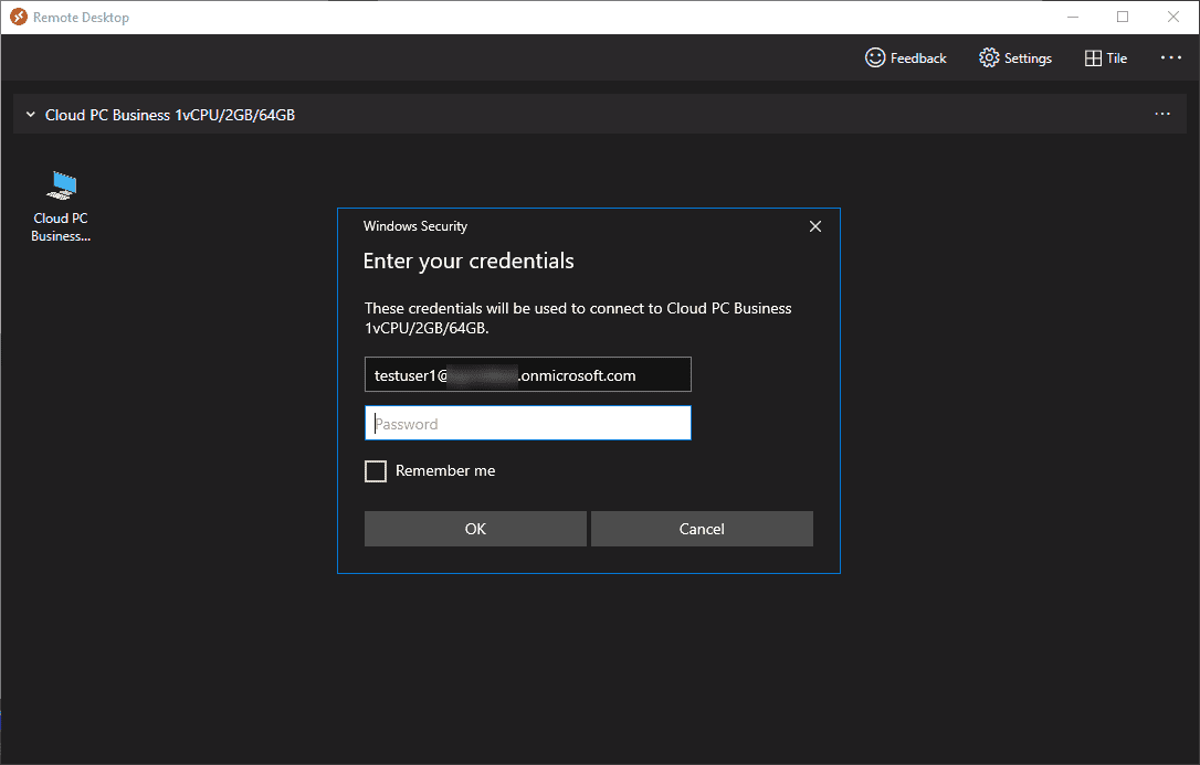 Login to the Windows 365 Cloud PC desktop connection