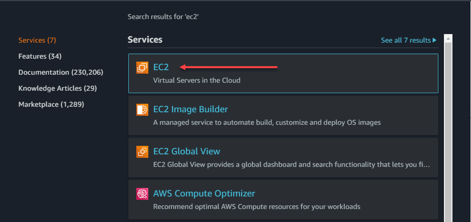 Navigating to EC2 dashboard in AWS console