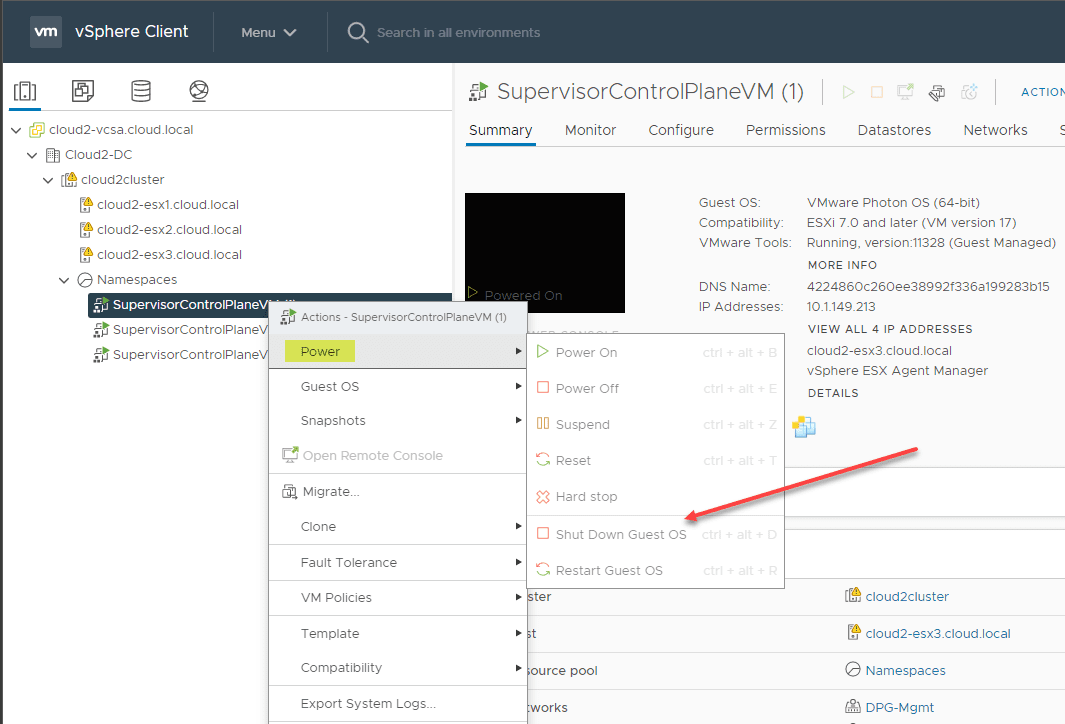 Note the shutdown option is greyed out in the vSphere Client