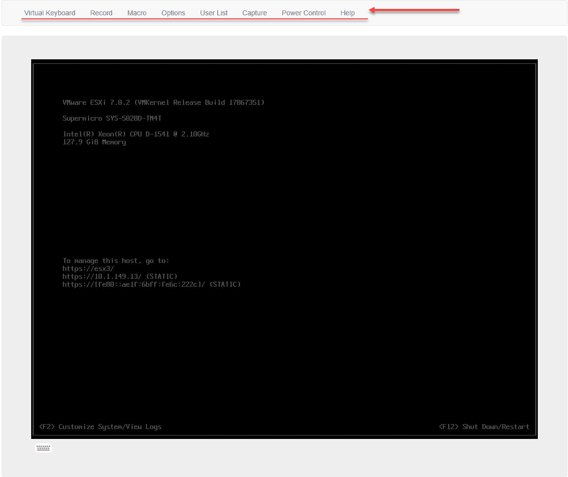 Remote HTML5 console accessed via the IPMI interface