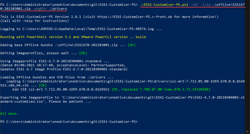 Running the ESXi Customizer PowerShell tool to create the custom ISO