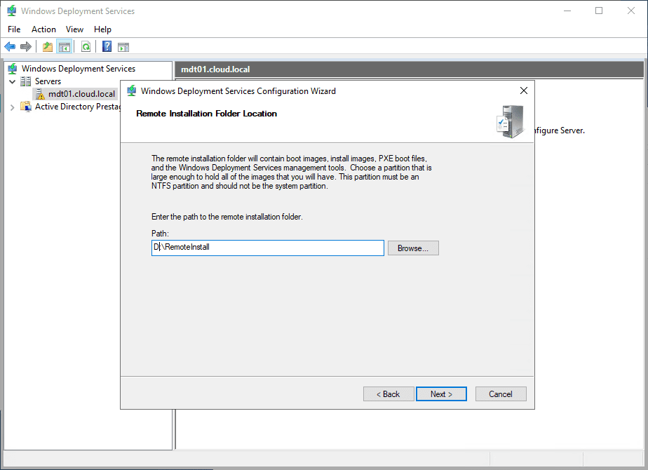 Select your RemoteInstall folder for WDS