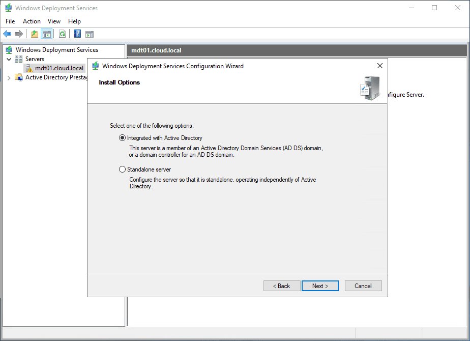 Selecting the WDS install options
