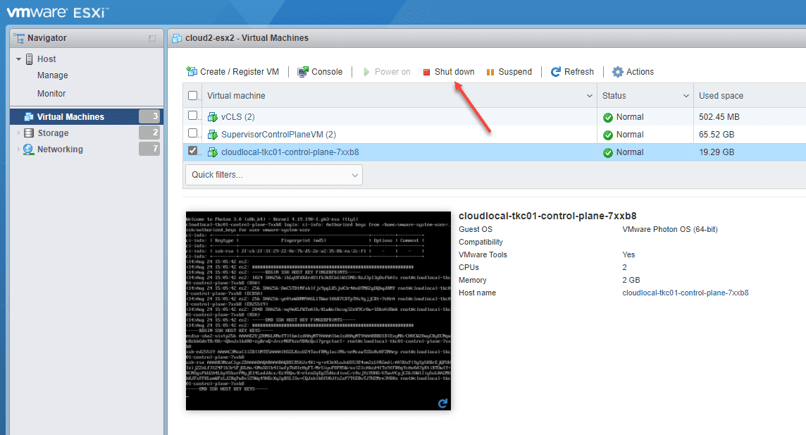 Shutdown the TKC control pane VMs on each respective ESXi host