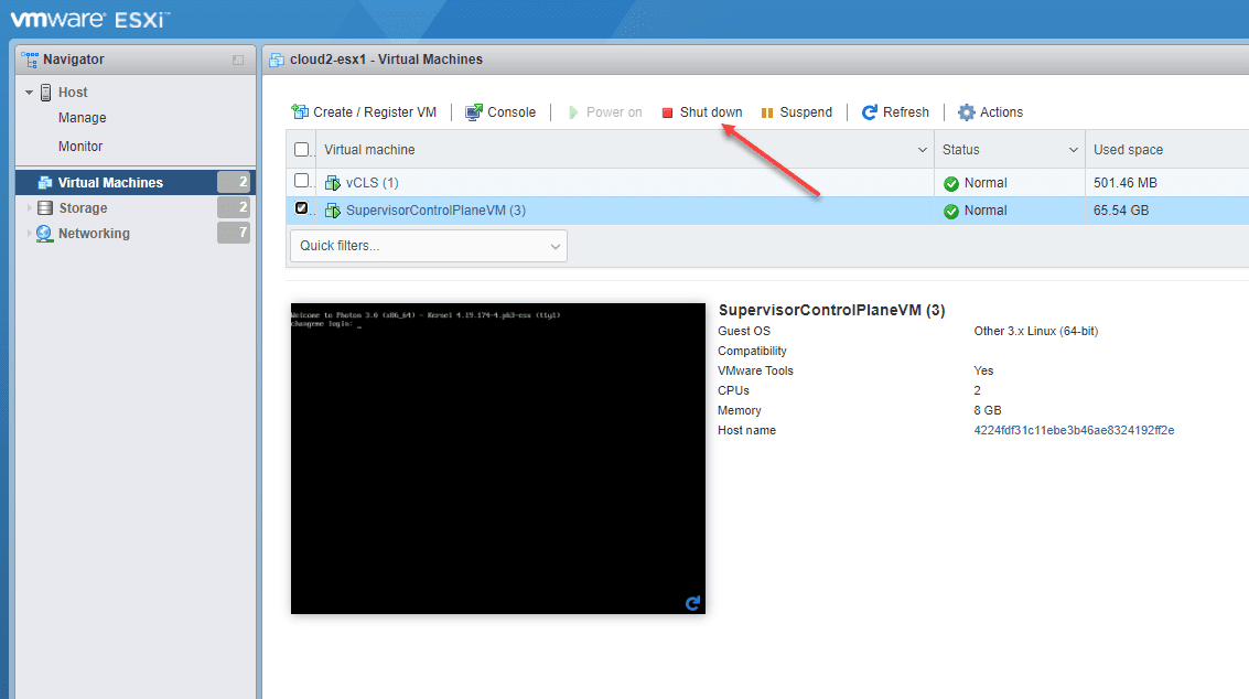 Shutdown the supervisor control plane VMs on each ESXi host