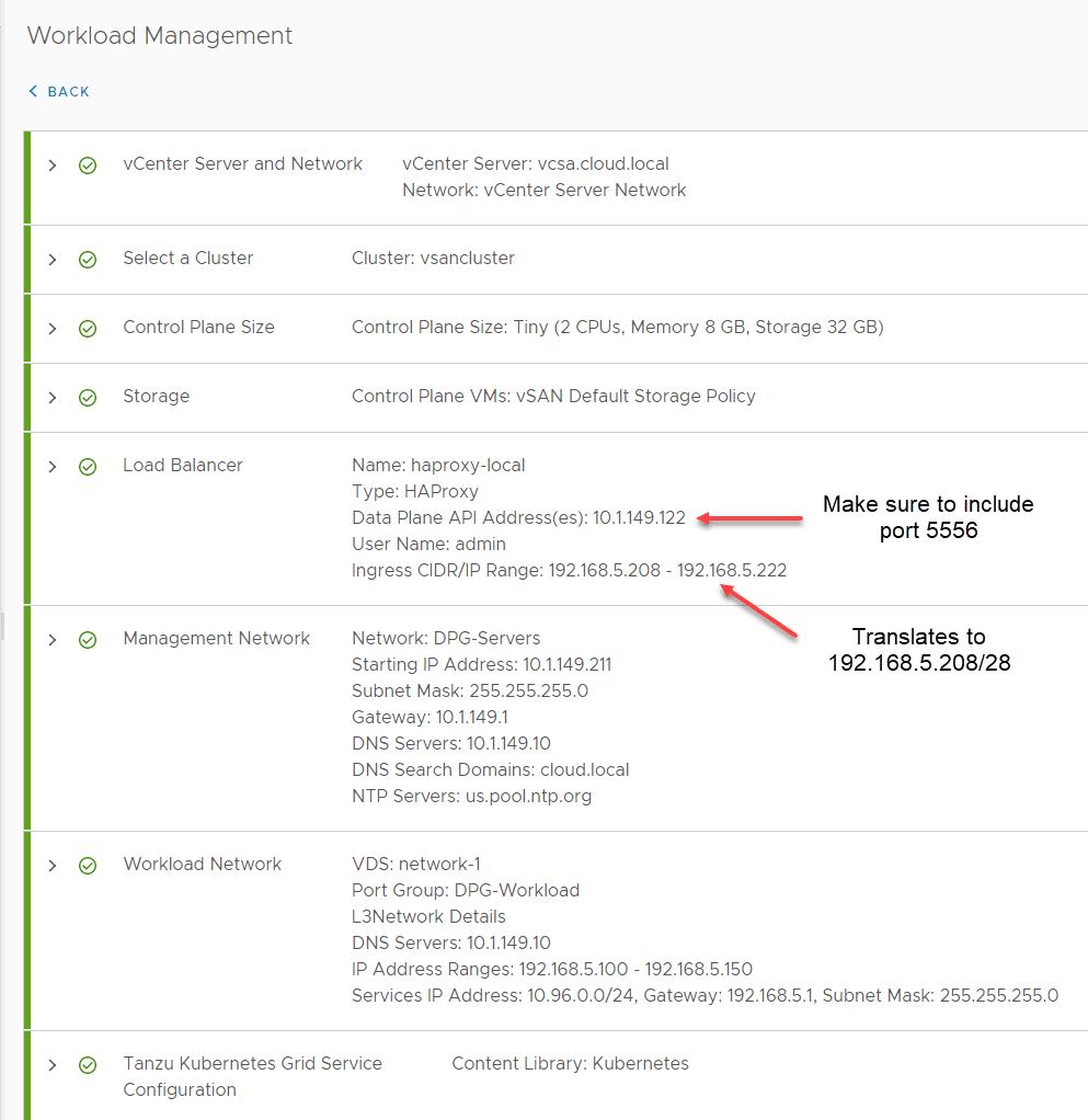 Summary of the workload deployment settings entered