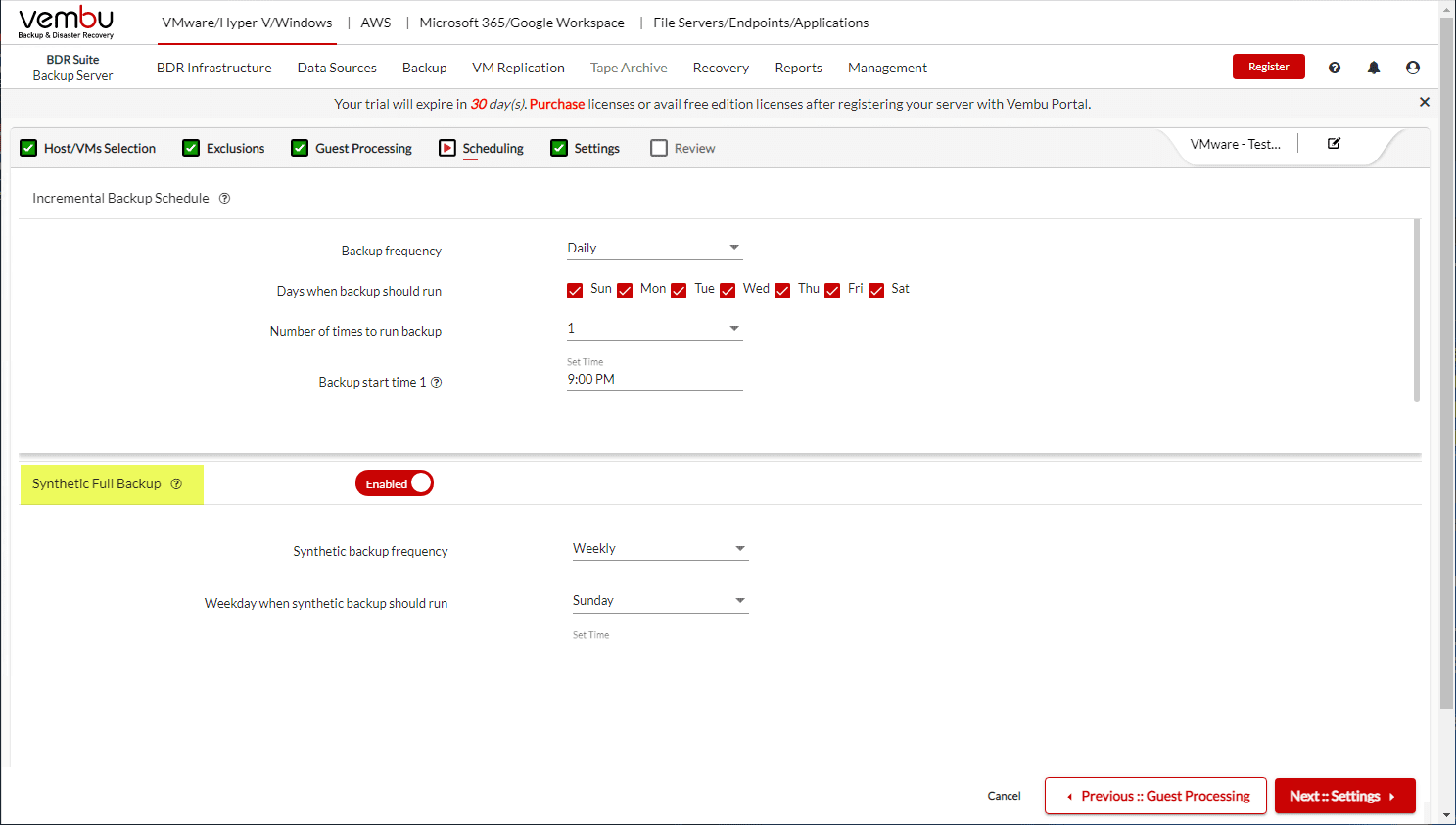 Synthetic full backup settings found in Vembu BDR Suite v5.0