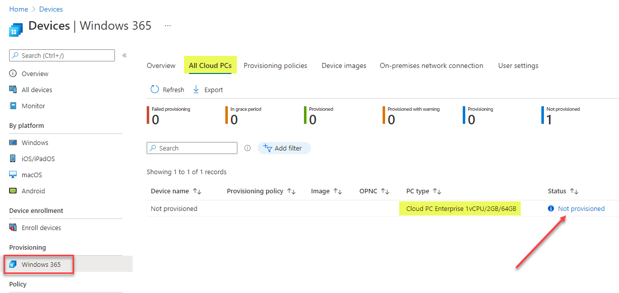 Viewing cloud PCs that have not been provisioned