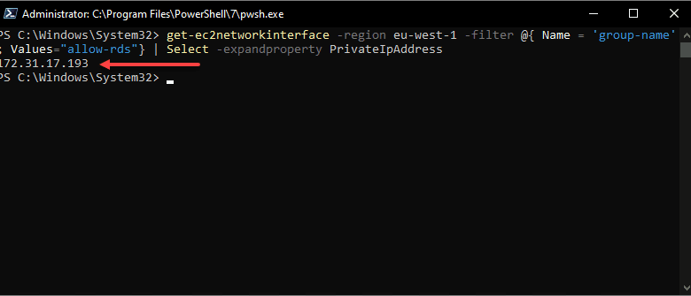 Viewing the RDS internal IP addresses using the get ec2networkinterfaces PowerShell cmdlet