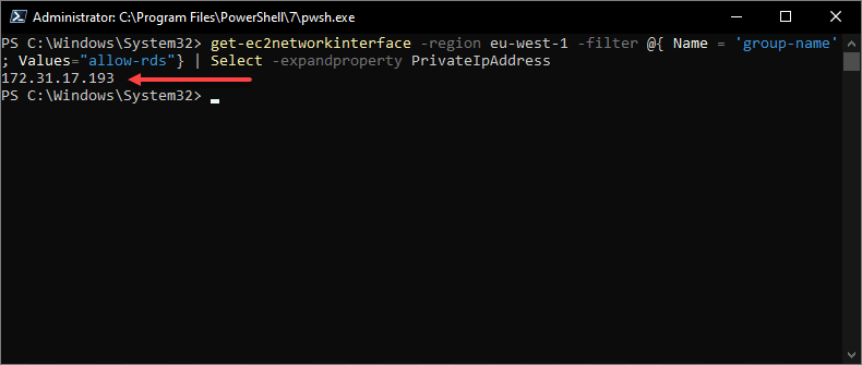 Viewing the RDS internal IP addresses using the get ec2networkinterfaces PowerShell cmdlet