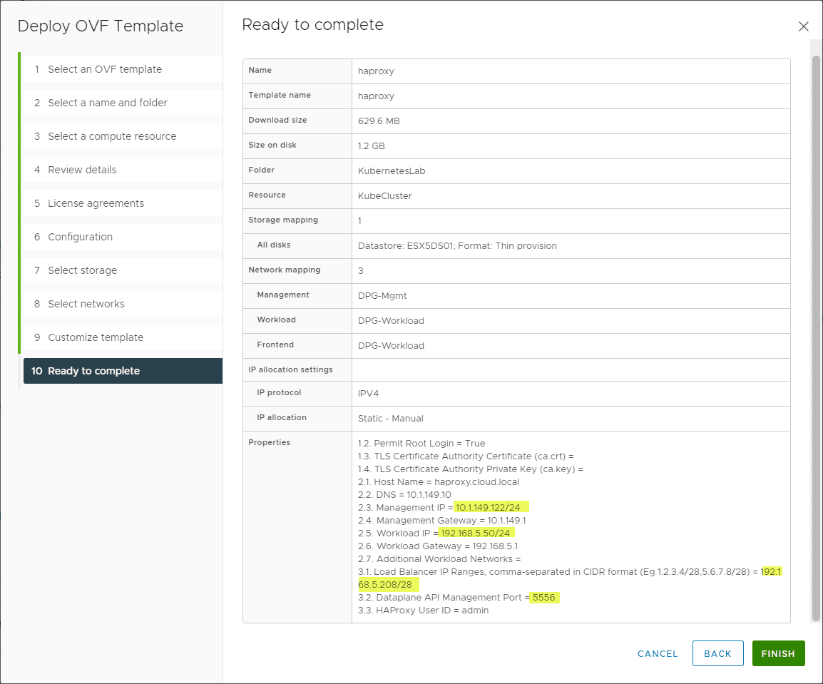 Viewing the summary screen and pertinent network information for the HAProxy appliance