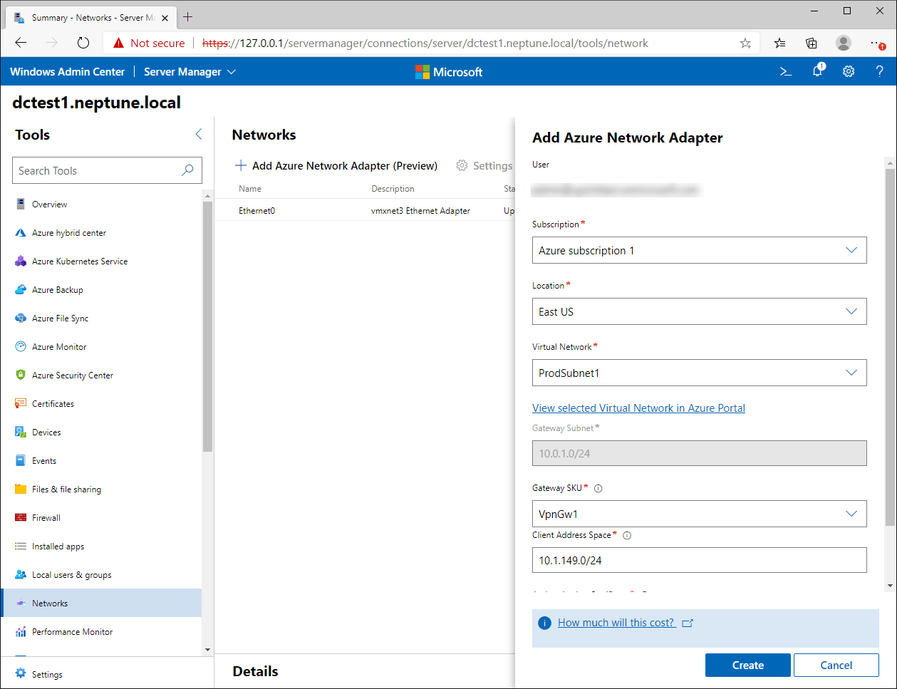 Add Azure network adapter connection wizard