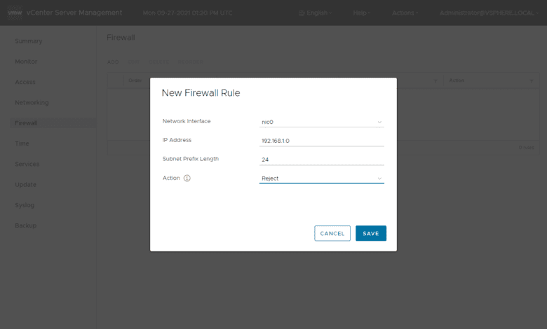 Adding a new firewall rule using the vCenter Server firewall