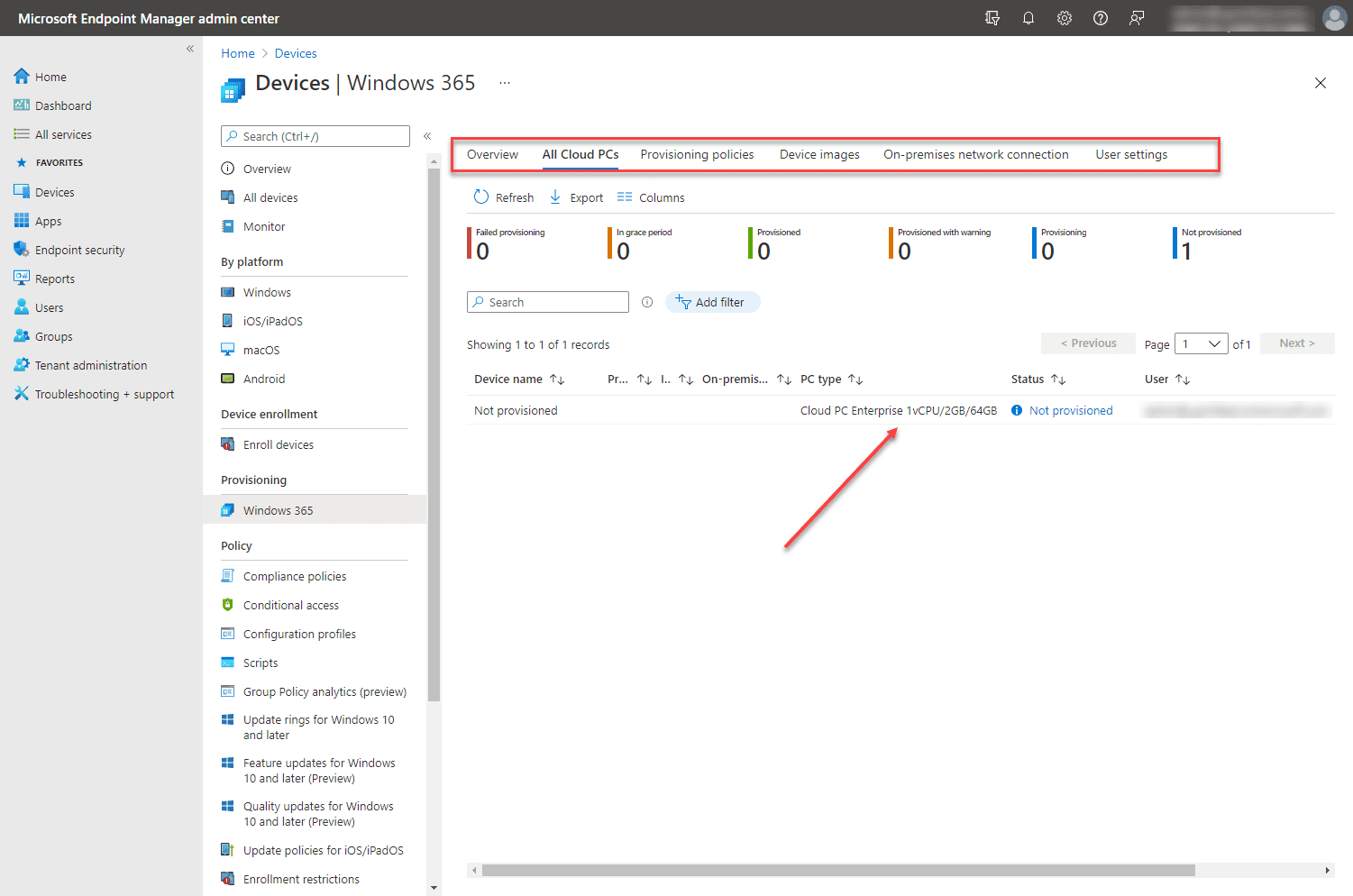 After purchasing a Windows 365 Enterprise license it appears as not provisioned in the endpoint manager devices