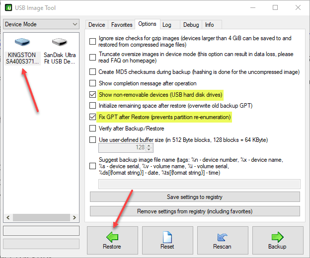 Beginning the restore of the USB image to the USB mounted SSD drive