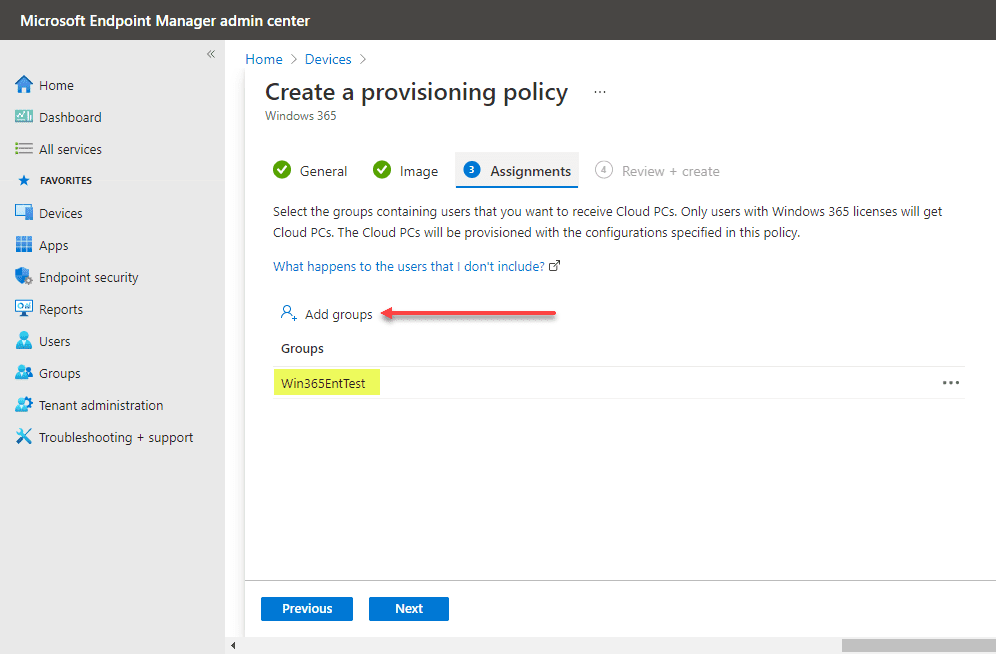 Choose the assignment for the Windows 365 Enterprise Cloud PC