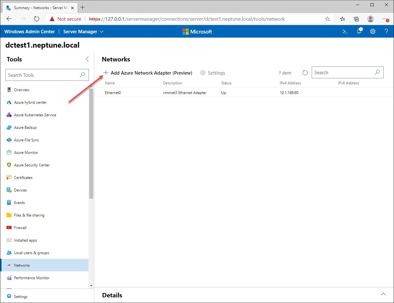 Click to Add an Azure Network Adapter