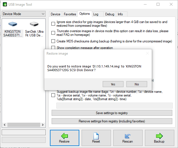 Confirm the image restore on the USB mounted SSD drive