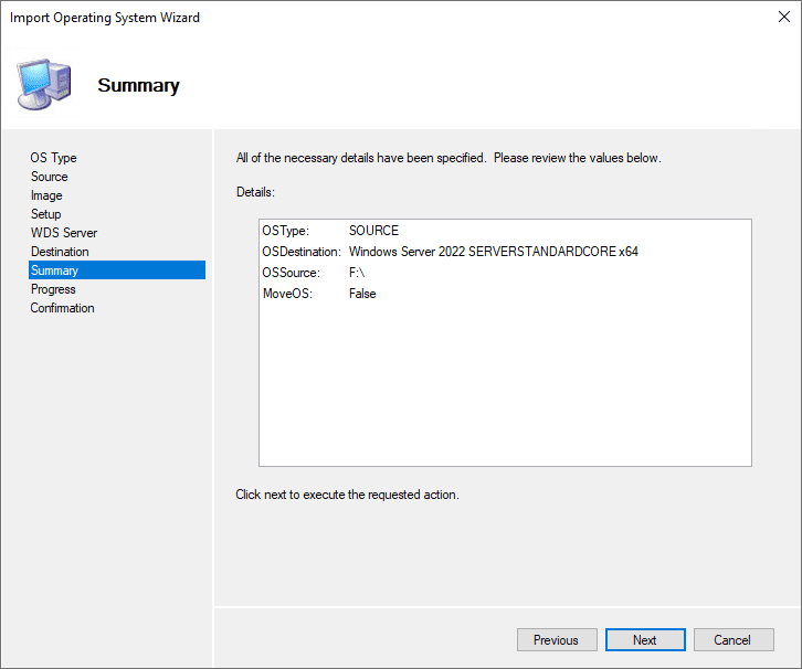 Confirm the settings to import Windows Server 2022