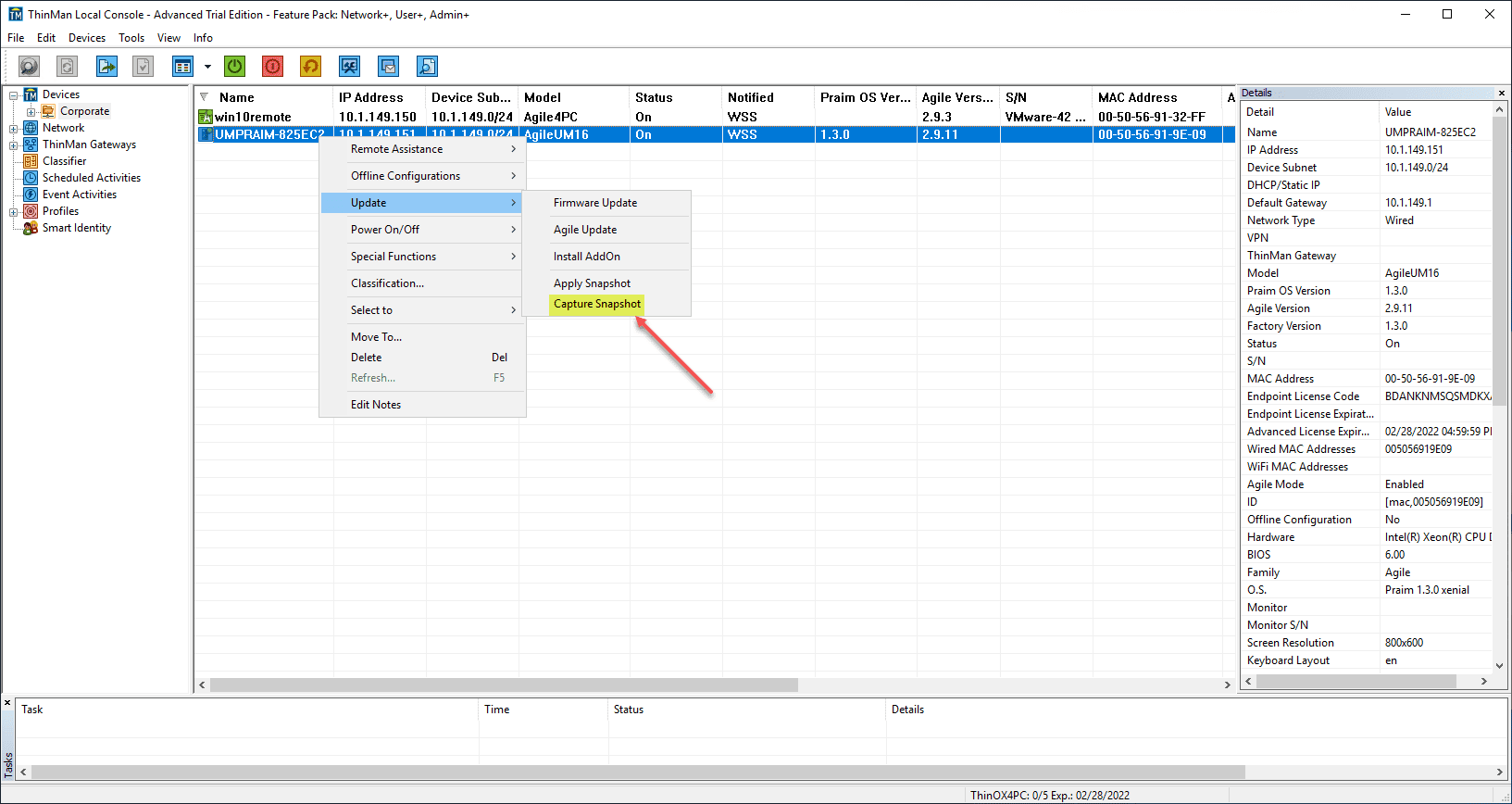 Create a snapshot of the Agile4Linux device in ThinMan Server