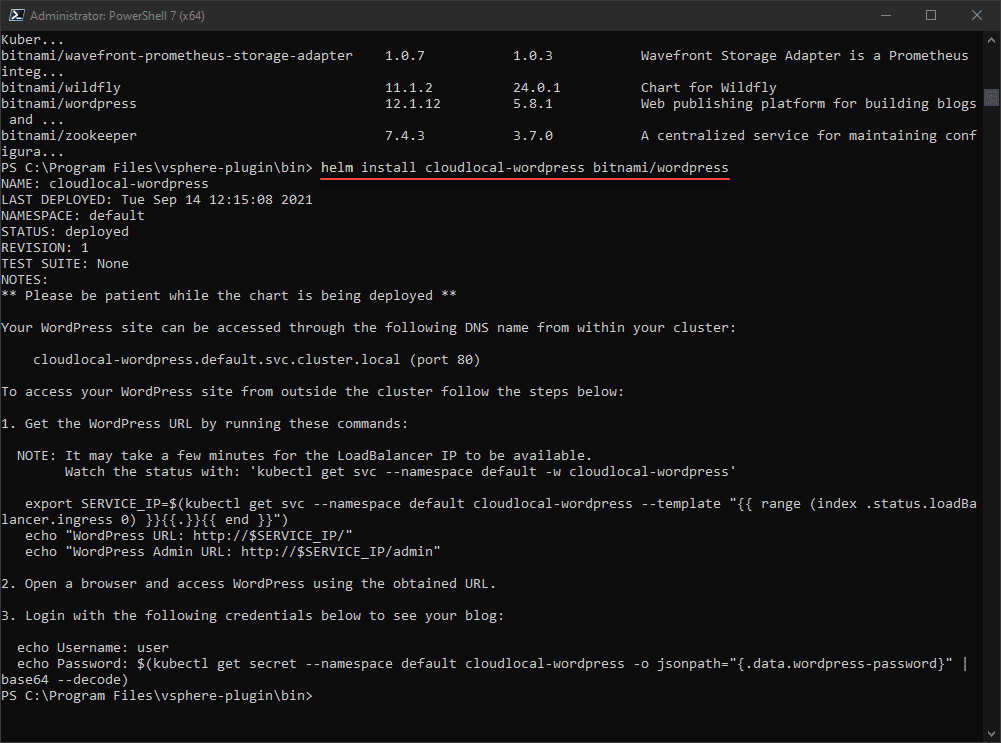 Deploying wordpress using helm in vSphere with Tanzu Kubernetes