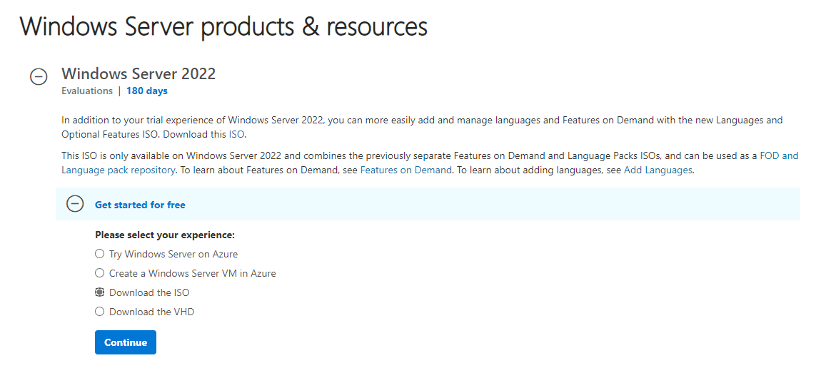 Downloading the Windows Server 2022 evaluation copy from Microsoft Evaluation Center