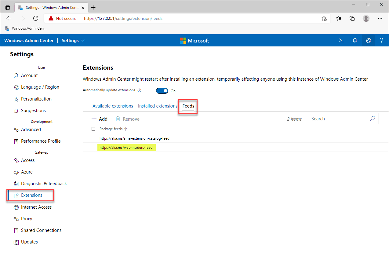 Enabling the insiders feed in the Windows Admin Center extensions