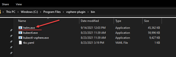 Extracting the helm executable into the vSphere plugin for Kubernetes bin folder
