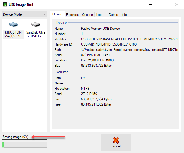 Image of USB disk begins to save