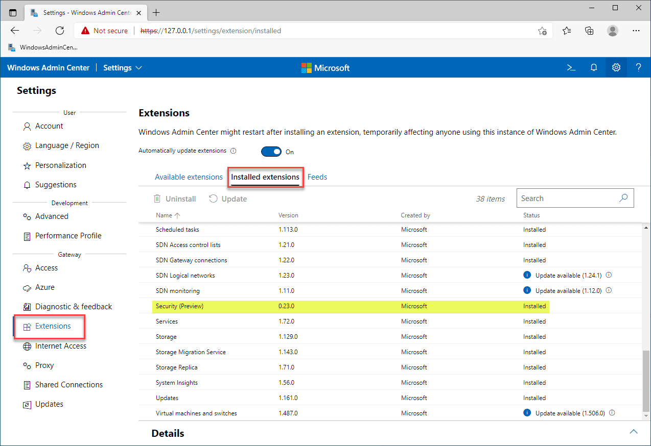 Install the Security Preview extension in Windows Admin Center