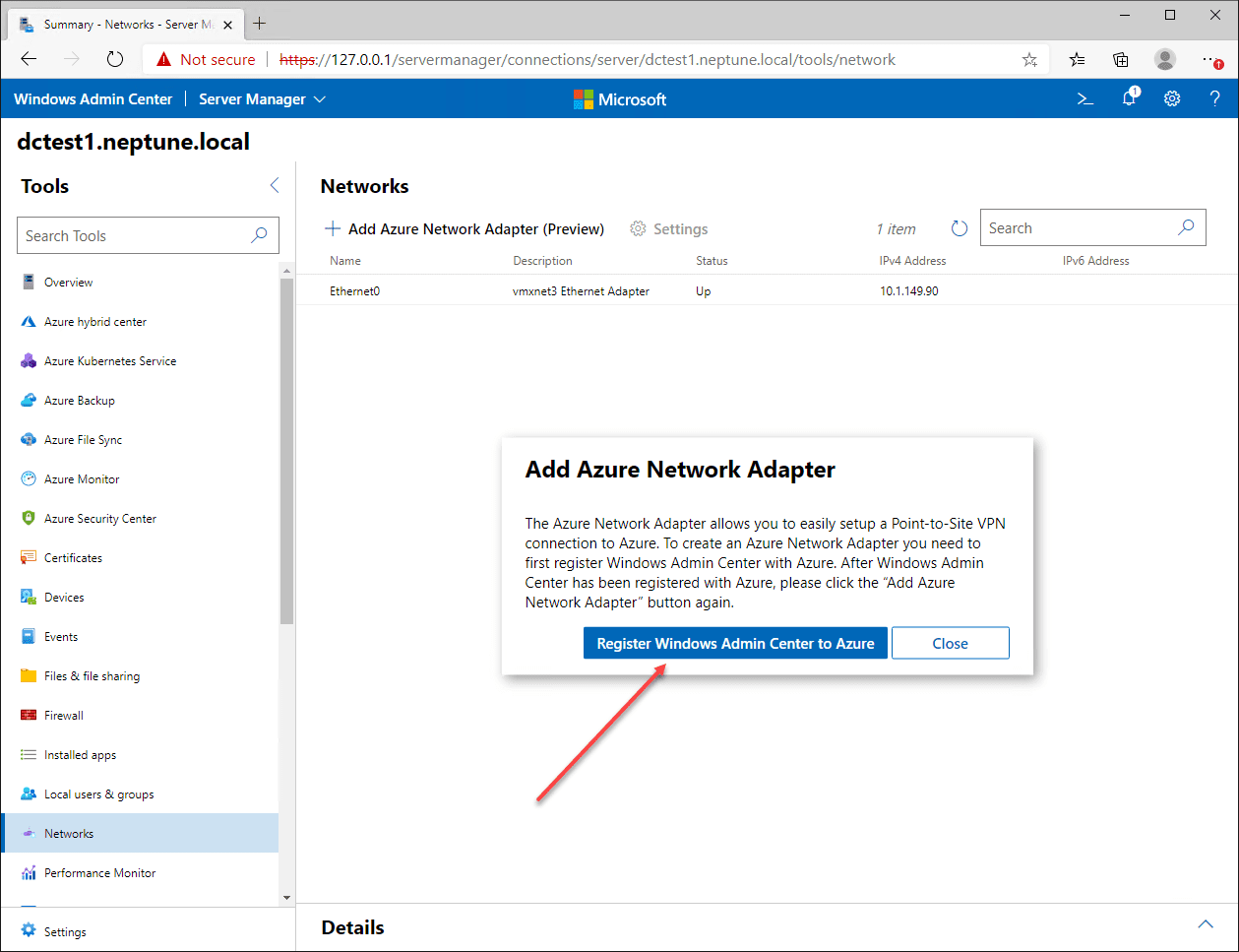 Prompt to register Windows Admin Center to Azure environment