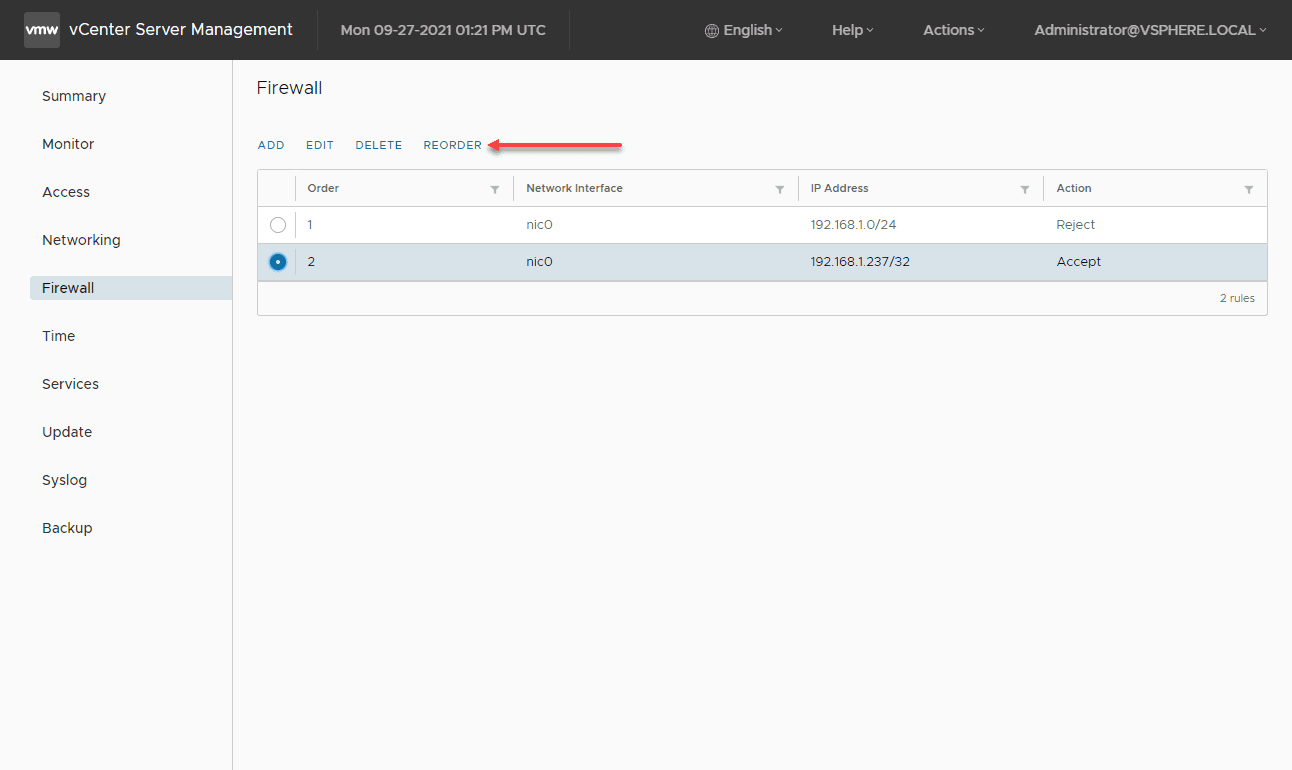 Reordering firewall rules in the vCenter Server firewall