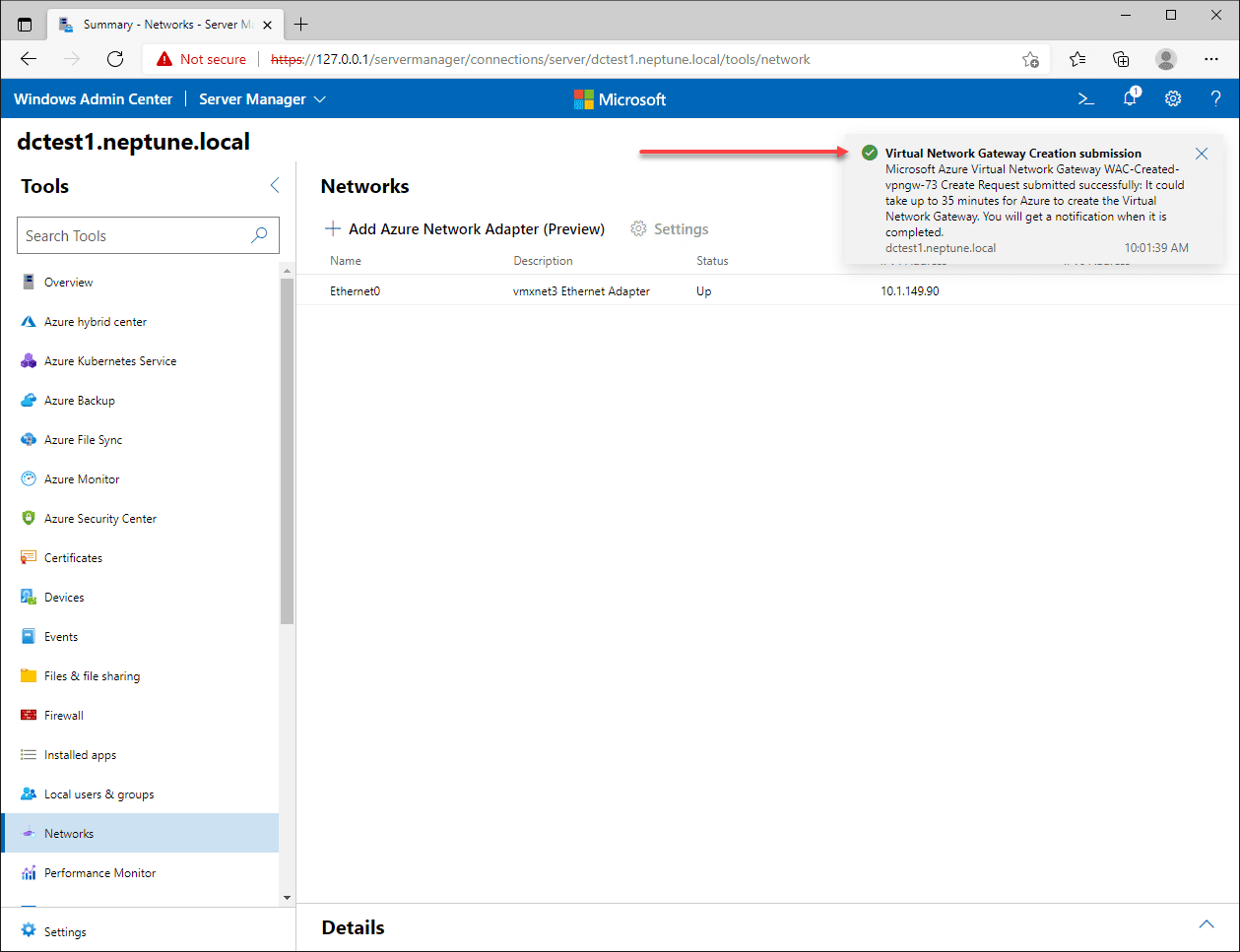 Request to create the Virtual Network Gateway successful