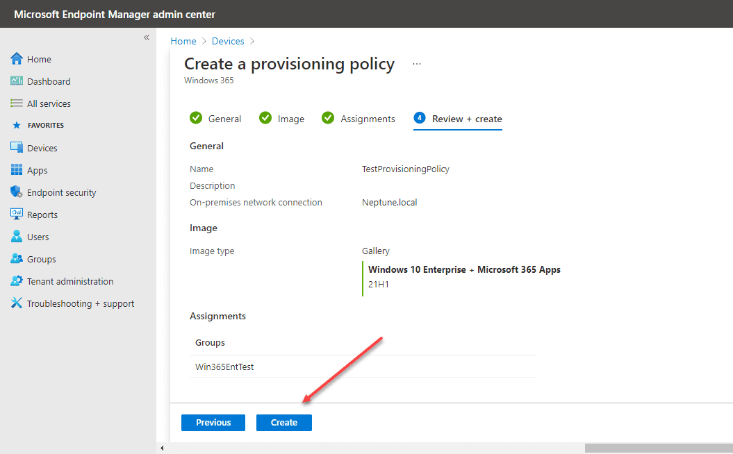 Review and create the provisioning policy