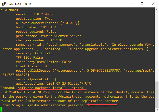 Running the install command and entering the SSO administrator password