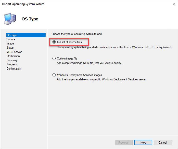 Select the OS files type for importing the operating system