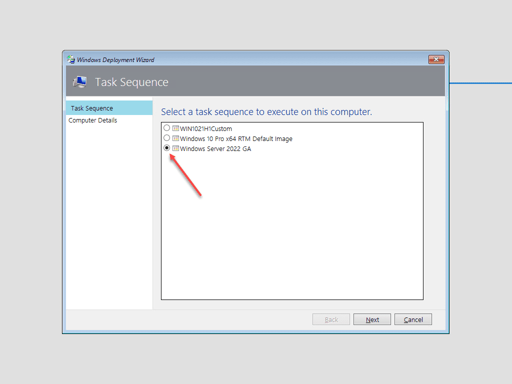 Select the Windows Server 2022 task sequence 1