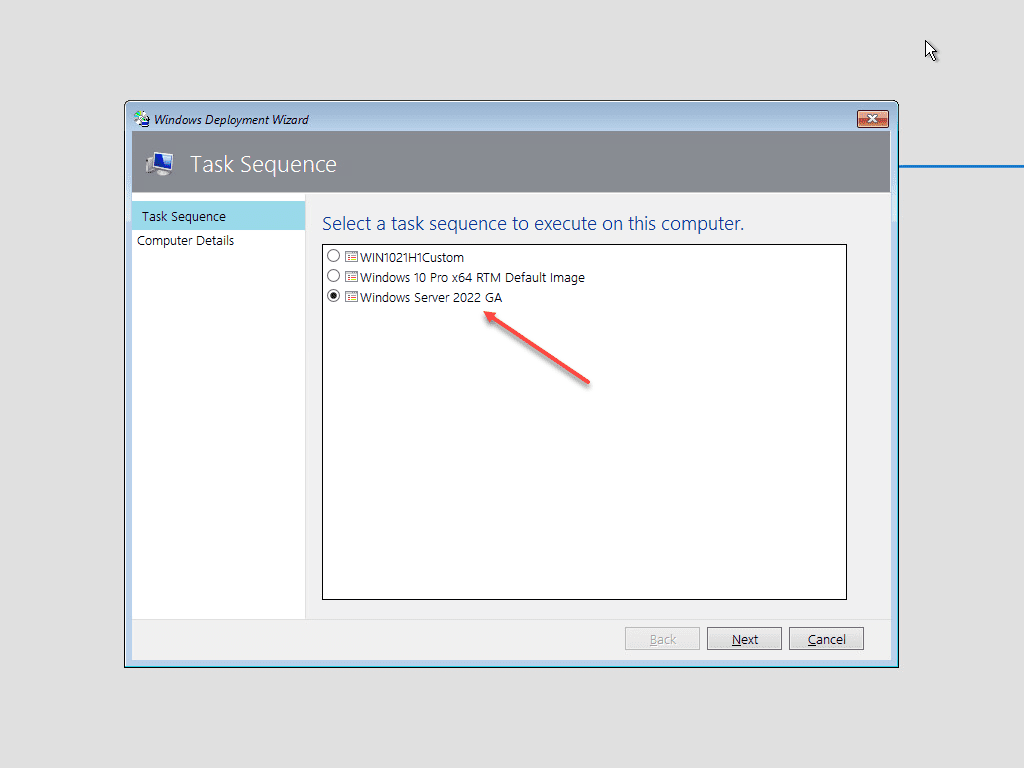 Select the Windows Server 2022 task sequence